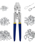 Heavy Duty Wire Rope Crimping Tool Kit For 2.0mm Cable With Aluminum Ferrule Sleeves 160 Pieces 4 Sizes And Stainless Steel Thimble Assortment 10 Pieces For Marine Rigging And DIY Projects, showing crimping tool, ferrules, and thimbles.