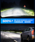 Night road view with car headlights, showcasing H11 H8 LED Fog Light Bulbs 10000 Lumens 6000K White Ultra Bright in rainy weather.