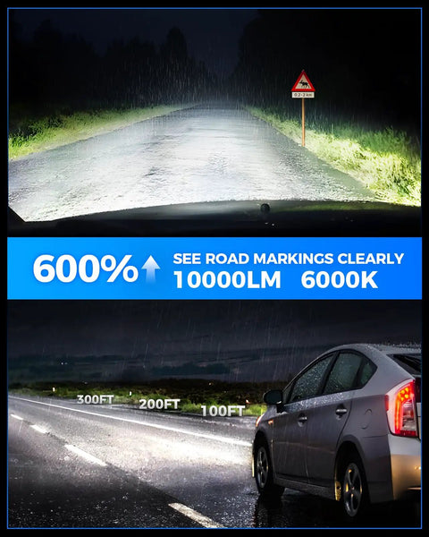 Night road view with car headlights, showcasing H11 H8 LED Fog Light Bulbs 10000 Lumens 6000K White Ultra Bright in rainy weather.