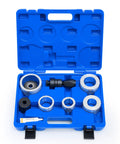 Front view of Orion Motor Tech exhaust pipe expander tool kit in blue case with metal expansion rings and black adapter