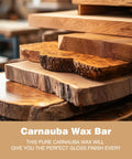 Premium Pure Brazilian Carnauba Wax Paste Stick For Wood Polish And Furniture Buffing Compound with various wood pieces.