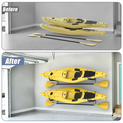 Before and after view of Heavy Duty Wall Mount Kayak Rack For Garage With Rock Solid Steel Kayak Storage Hangers holding two yellow kayaks.