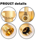 Close-up details of 90 Degree Garden Hose Adapter With Shut Off Valves And Two Extra Washers, Solid Brass Three Quarter Inch Hose Elbow Connector