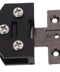 Hassle Free Adjustable Glass Cabinet Hinges For Tempered Frameless Doors With No Mess Install In Matte Black Finish Heavy Duty Design For Wine Cellars And Showcase Shelving, close-up view showing matte black and metal components.
