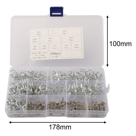 Double Wire Hose Clamp Kit 150 Pack High Carbon Spring Steel Constant Tension Seal For Auto Fuel Air Water Lines Durable Stainless Band Heavy Duty Repair Tool in plastic organizer, 178mm wide
