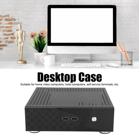 Compact Mini ITX HTPC Case Aluminum Alloy DIY Desktop Chassis With Slick Heat Dissipation in black on desk setup