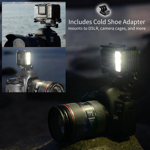 Rechargeable Underwater Video Light 450 Lumens For GoPro And Osmo Action Waterproof To 164 Feet mounted on DSLR
