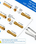 Exploded view of brass tub spout adapter kit with 1/2 and 3/4 IPS fittings, adapters, and washers.