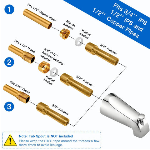 Exploded view of brass tub spout adapter kit with 1/2 and 3/4 IPS fittings, adapters, and washers.