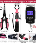 Fishing pliers, lip gripper, and digital scale from Three Layer Pink Fishing Tackle Box With Tackle Included An All In One Gear Kit.