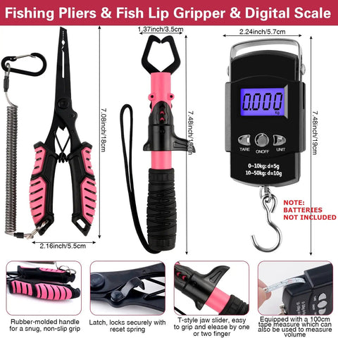Fishing pliers, lip gripper, and digital scale from Three Layer Pink Fishing Tackle Box With Tackle Included An All In One Gear Kit.
