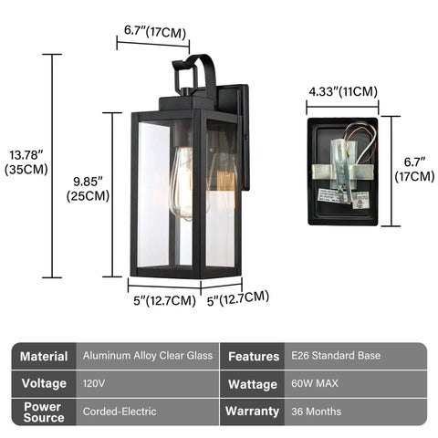 Lit Matte Black Outdoor Wall Lights Pack of 2 with Clear Glass Shade Waterproof Front Porch Sconces, ETL Listed dimensions and details
