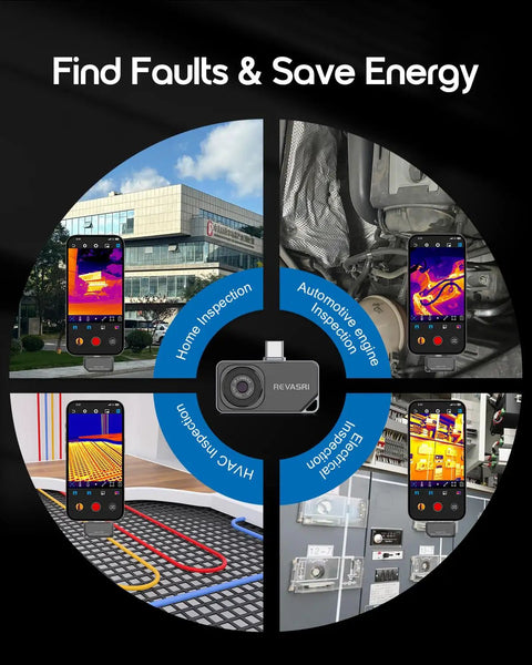 Thermal Imaging Camera For iPhone And Android With 512x384 IR Resolution And USB C, Temperature Range Minus Four To Eight Hundred Forty Two Fahrenheit, Works With iOS Android And Windows, Includes Dedicated Camera Plus App displayed for various inspections.
