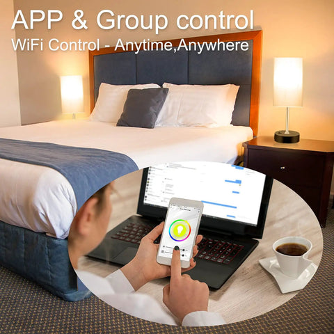 Smart RGB LED Bedside Lamp With USB Charging Ports, Multicolor Dimmable Table Light in a bedroom, shown with app control on phone.