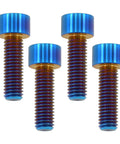 Top Shelf M8x25 Titanium Bolts Socket Head Cap Screws Featuring A Sweet Burnt Blue Finish Crafted Heavy Duty For Auto Suspension And Exhaust Upgrades Straight Up Track Tested Grade Five Fasteners Four Pack, showcasing four blue titanium bolts with smooth caps.