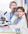 Children wearing Six Set Of White Kids Lab Coats With Goggles And ID Card Holders, using a microscope, smiling.