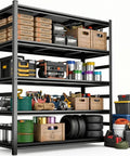 Heavy Duty Steel Storage Shelves With Anti Fall Rails For Maximum Security And Organization, Adjustable Shelves For Garage, Basement, And Pantry, Tight Tolerance Fit, Durable Construction, Easy Assembly For Instant Decluttering. Black steel 5-tier garage shelf with tools, bins, tires