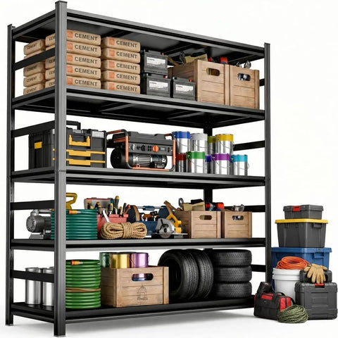 Heavy Duty Steel Storage Shelves With Anti Fall Rails For Maximum Security And Organization, Adjustable Shelves For Garage, Basement, And Pantry, Tight Tolerance Fit, Durable Construction, Easy Assembly For Instant Decluttering. Black steel 5-tier garage shelf with tools, bins, tires