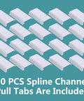 Heavy Duty Aluminum Window Screen Spline Lift Pull Tabs That Gonna Slide Right Inside During Peak Summer Heat Without Cracking Or Snaps Includes Durable C Shape Tool With Twenty Pieces For Quick And Easy Screen Repair Now, 20 spline channel pull tabs on teal background.