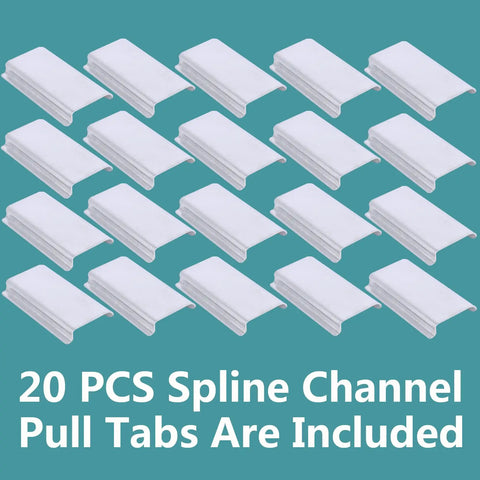 Heavy Duty Aluminum Window Screen Spline Lift Pull Tabs That Gonna Slide Right Inside During Peak Summer Heat Without Cracking Or Snaps Includes Durable C Shape Tool With Twenty Pieces For Quick And Easy Screen Repair Now, 20 spline channel pull tabs on teal background.