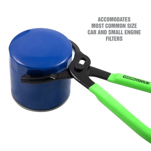 Beefy Oil Filter Pliers For Tight Spots, Adjustable Jaw grips a blue car filter with slip joint design and cushioned handles.