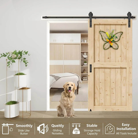 Workhorse Heavy Duty Barn Door Hardware Kit 5 Ft Sliding Door Track Set With Floor Guide And Two Handles installation view