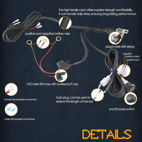 Heavy Duty Nylon Wiring Harness Kit All In One With 1 Lead 12V 40A Rocker Switch Relay And Fuse For LED Light Bars Fog Lights Work Lights Driving Lights Offroad LED Pods For Truck UTV ATV Boat