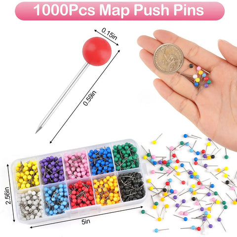 Total Game Changer 1000 Piece Assorted Color Map Push Pins For Travel World Map Markers and Wall Decoration Compact size colored push pins in storage box.