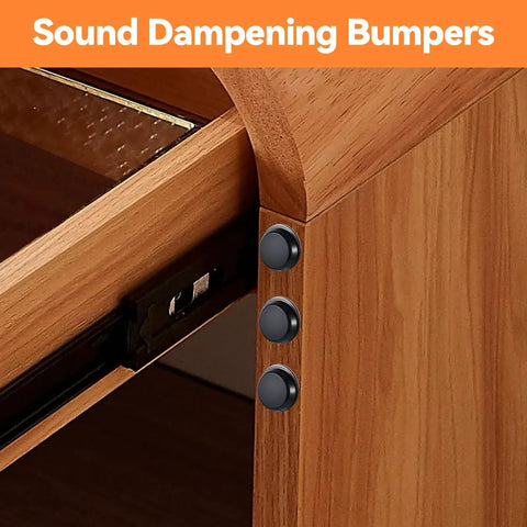Heavy Duty Self Adhesive Rubber Feet And Bumpers For Electronics 128 Pack Stick And Go Pads showing black sound dampening bumpers on furniture.
