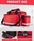 EMT First Aid Bag For Pros, Water Resistant Medical Kit With 360 Degree Reflective Trim, 21 Compartments shown with size measurements