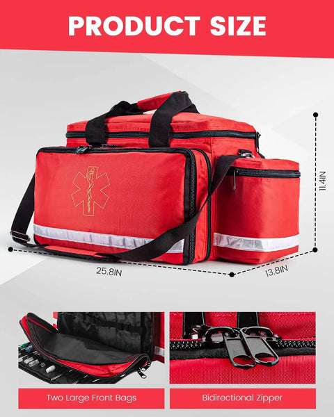 EMT First Aid Bag For Pros, Water Resistant Medical Kit With 360 Degree Reflective Trim, 21 Compartments shown with size measurements