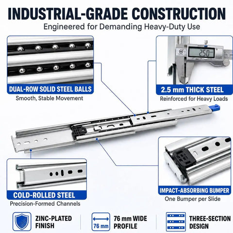 Locking Drawer Slides 3 Inch Wide Full Extension 1 Pair Beefy Steel Drawer Guides, 76 mm wide steel slide with dual-row balls