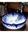 USZWBY Vessel Sinks Blue and White Porcelain Bathroom Basin Sink Round Ceramic art countertop washbasin with floral design.