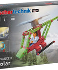 80 Piece Solar Construction Kit Lets Kids Build A Helicopter Air Boat Or Fan With A Solar Rotor Powering The Propeller While Teaching Renewable Energy In A Fun STEM Hands On Way. box front, 80-piece fischertechnik solar kit, helicopter model