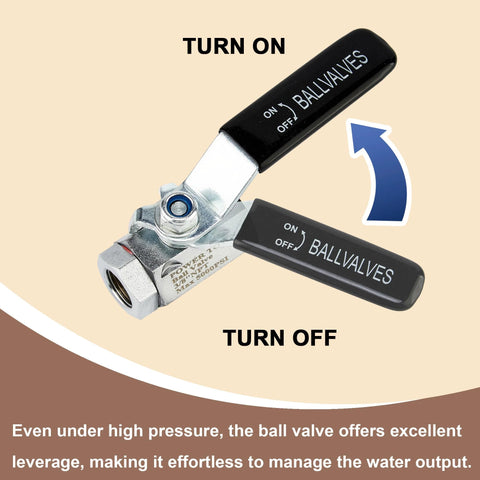 Close-up view of Power Town ball valve for pressure washers with stainless steel body and 3/8-in quick-connect
