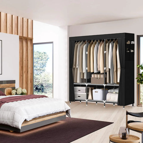 Built Tough Portable Wardrobe Closet For Bedroom With 19mm Steel Pipe Frame, Black And Sturdy Organizer With Hanging Rods And Shelves