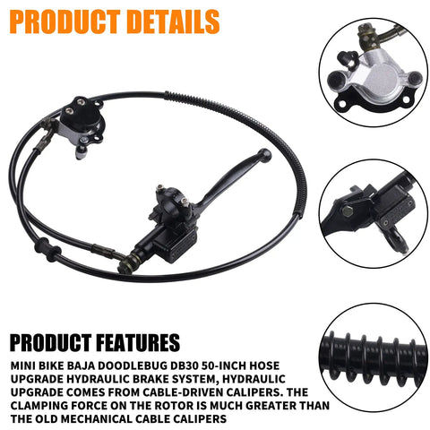 Upgraded Hydraulic Brake System For Mini Bikes Left Side Mount With Seven Eighths Inch Handlebars And Fifty Inch Hose Compatible With Baja Doodlebug DB30 Minibikes And Go Karts, showing brake components and hose.