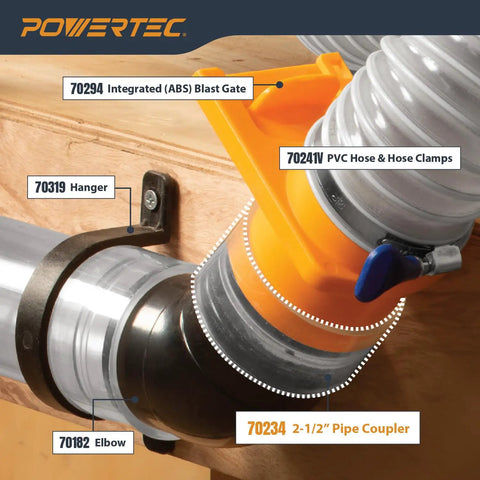 Two And A Half Inch Dust Collection Fittings Kit With Connectors Blast Gates And Stainless Steel Hose Clamps, installation view
