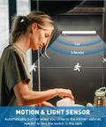 Rechargeable Motion Sensor LED Closet Light Two Pack Wireless Under Cabinet Lighting Bar illuminates kitchen cabinet