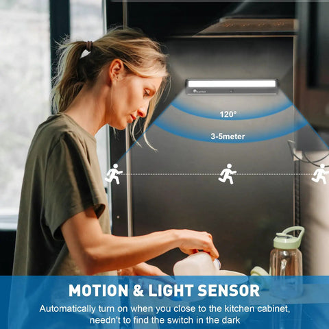Rechargeable Motion Sensor LED Closet Light Two Pack Wireless Under Cabinet Lighting Bar illuminates kitchen cabinet