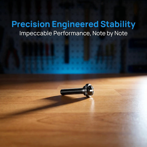 Black M2.5x18.5mm Tuner Peg Screws And Washers For Classical Guitar Machine Heads, close-up view on wooden surface.