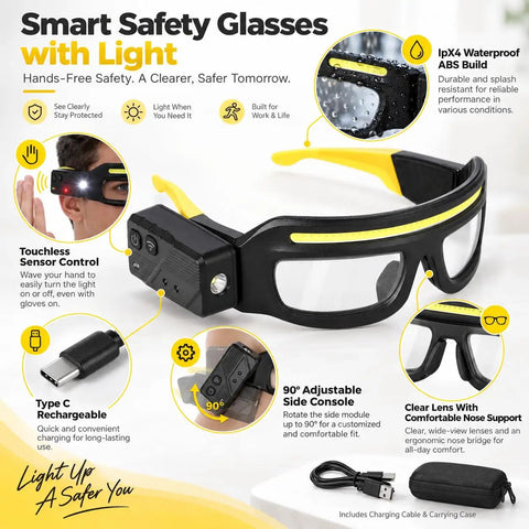 Smart Safety Glasses With Touchless Control And Five Rechargeable Lighting Modes, Waterproof Led Headlamp with adjustable side console.