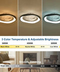 Monikessy Modern Black Ceiling Fan with Lights 20" Low Profile Ceiling Fan showing 3 color temperatures and adjustable brightness settings.