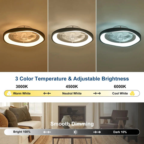 Monikessy Modern Black Ceiling Fan with Lights 20" Low Profile Ceiling Fan showing 3 color temperatures and adjustable brightness settings.