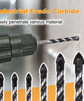Close-up of TITGGI 6-piece carbide masonry drill bit set; 1/4–1/2 inch bits; drill bit in chuck drilling into wall.
