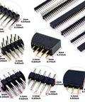 Close-up of 138 Piece 2.54mm Pin Header Kit with male and female connectors, showing measurements and pin variations for Arduino prototyping.