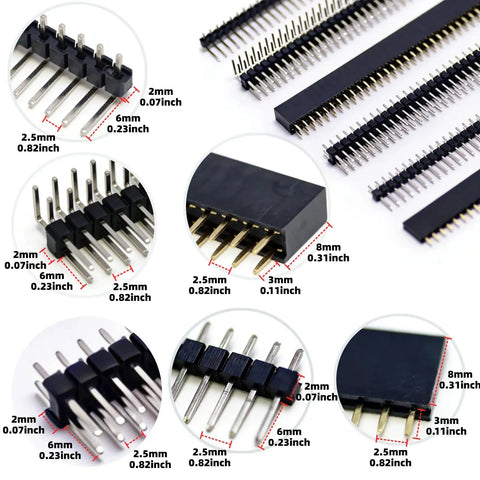 Close-up of 138 Piece 2.54mm Pin Header Kit with male and female connectors, showing measurements and pin variations for Arduino prototyping.
