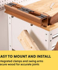 Mortise And Tenon Jig With Drill Template Set And Hollow Chisel Bit Attachment clamped on workbench for precise woodworking