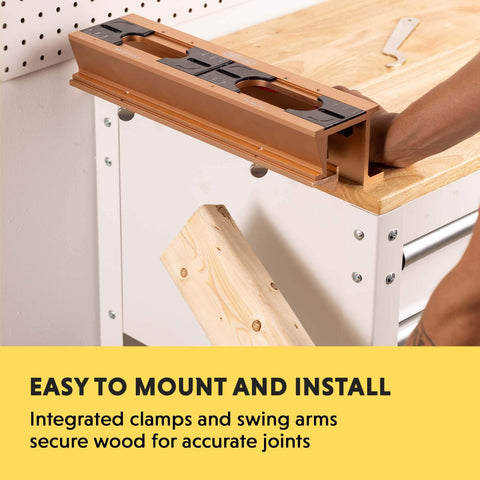Mortise And Tenon Jig With Drill Template Set And Hollow Chisel Bit Attachment clamped on workbench for precise woodworking
