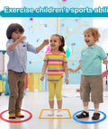 Children playing with Two Sets Hopscotch Outdoor Game Kit with Hoops and Squares, practicing agility on colorful hoops indoors.